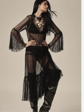 Anthropology sheer lace black maxi long sleeve tunic dress xs / s